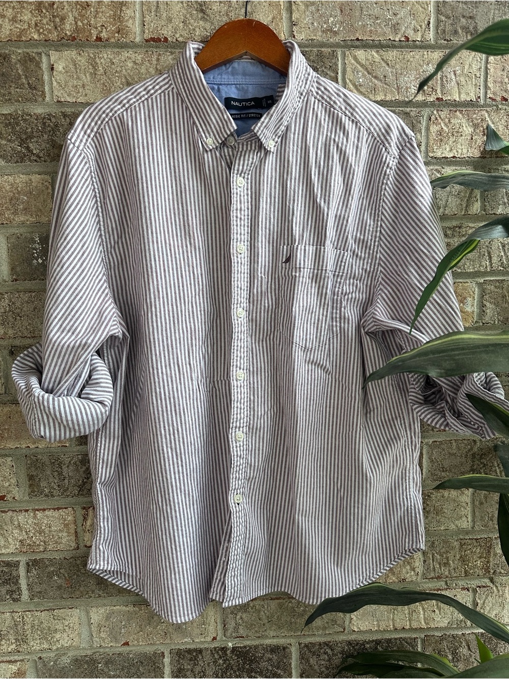 Preppy Nautica Men’s ClassicFit Mauvy Brown & White Stripe Button Down Shirt XXL